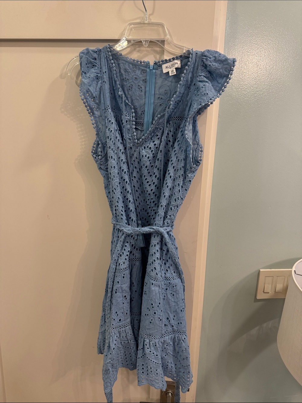 Blue Eyelet Flutter-Sleeve Dress